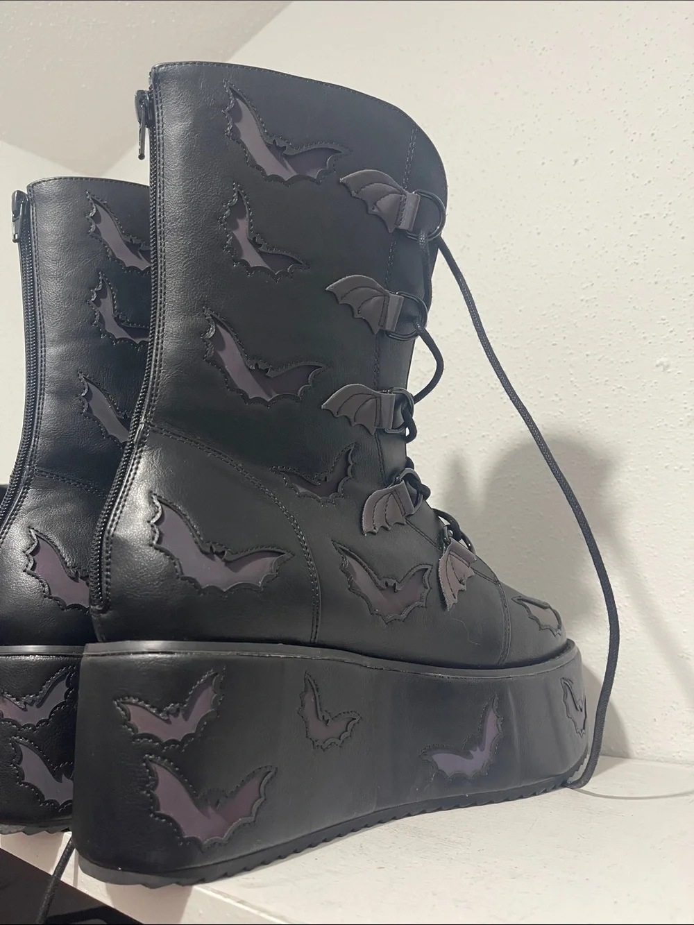 Black Platform Lace-Up Boots with Purple Bat Accents